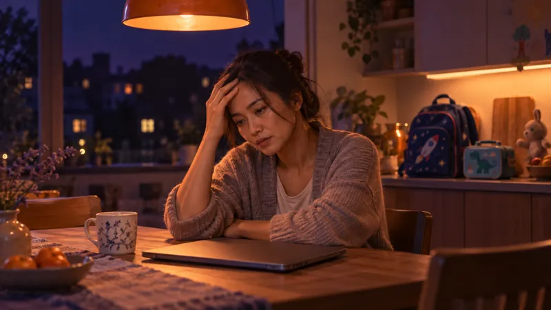 Người phụ nữ ngồi ở bàn bếp buổi tối, laptop đã gập, tay đặt lên trán